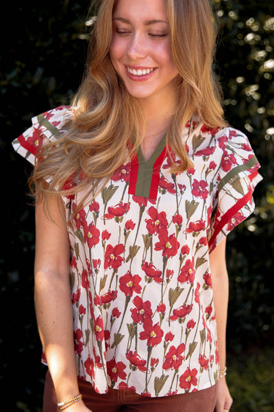 Floral Cotton Flutter Sleeve Blouse- Women's Cotton Tops- Entro Tops