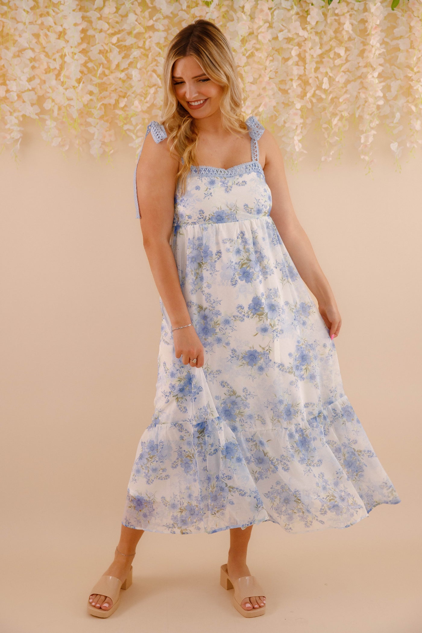 Women's Blue And Green Flower Dress- Blue Crotchet Dress- Blu Pepper Floral Maxi Dress