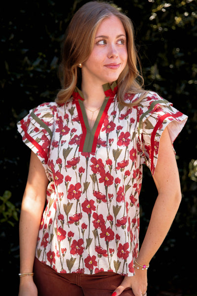 Floral Cotton Flutter Sleeve Blouse- Women's Cotton Tops- Entro Tops