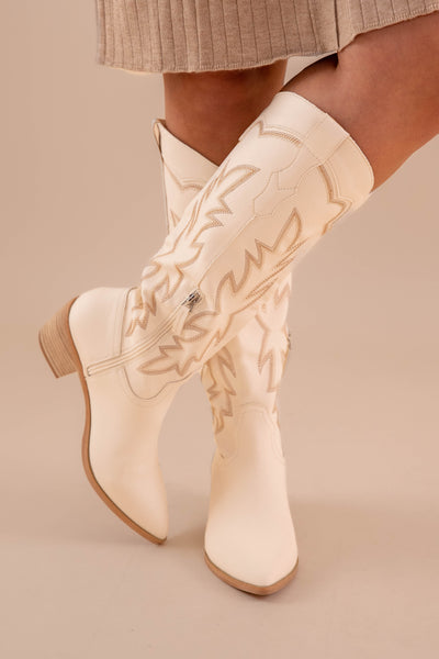 Ivory Tall Cowboy Boots- Ivory Western Boots- High Quality Faux Leather Boots- Miim Boots