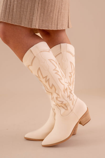 Ivory Tall Cowboy Boots- Ivory Western Boots- High Quality Faux Leather Boots- Miim Boots