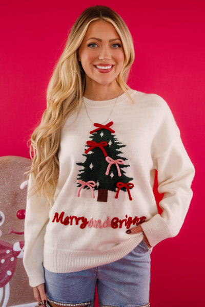 Merry and Bright Christmas Sweater- Christmas Tree Sweater with Bows- Le Lis Christmas Sweater
