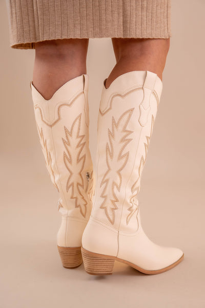 Ivory Tall Cowboy Boots- Ivory Western Boots- High Quality Faux Leather Boots- Miim Boots