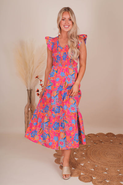 Women's Floral Smocked Midi Dress- Women's Hot Pink Midi Dress- Sugar Lips Midi Dress