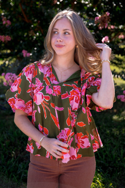 Green and Pink Floral Blouse- Women's Cotton Tops- THML Tops