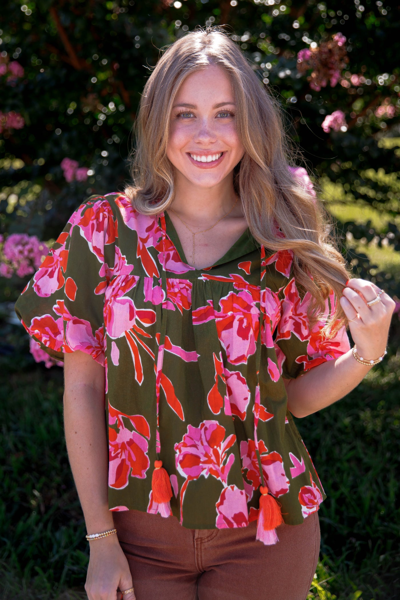 Green and Pink Floral Blouse- Women's Cotton Tops- THML Tops