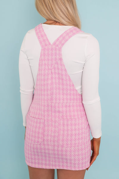 Blush Pink Overall Dress- Women's Pink Houndstooth Overalls- Storia Pink Overall Dress