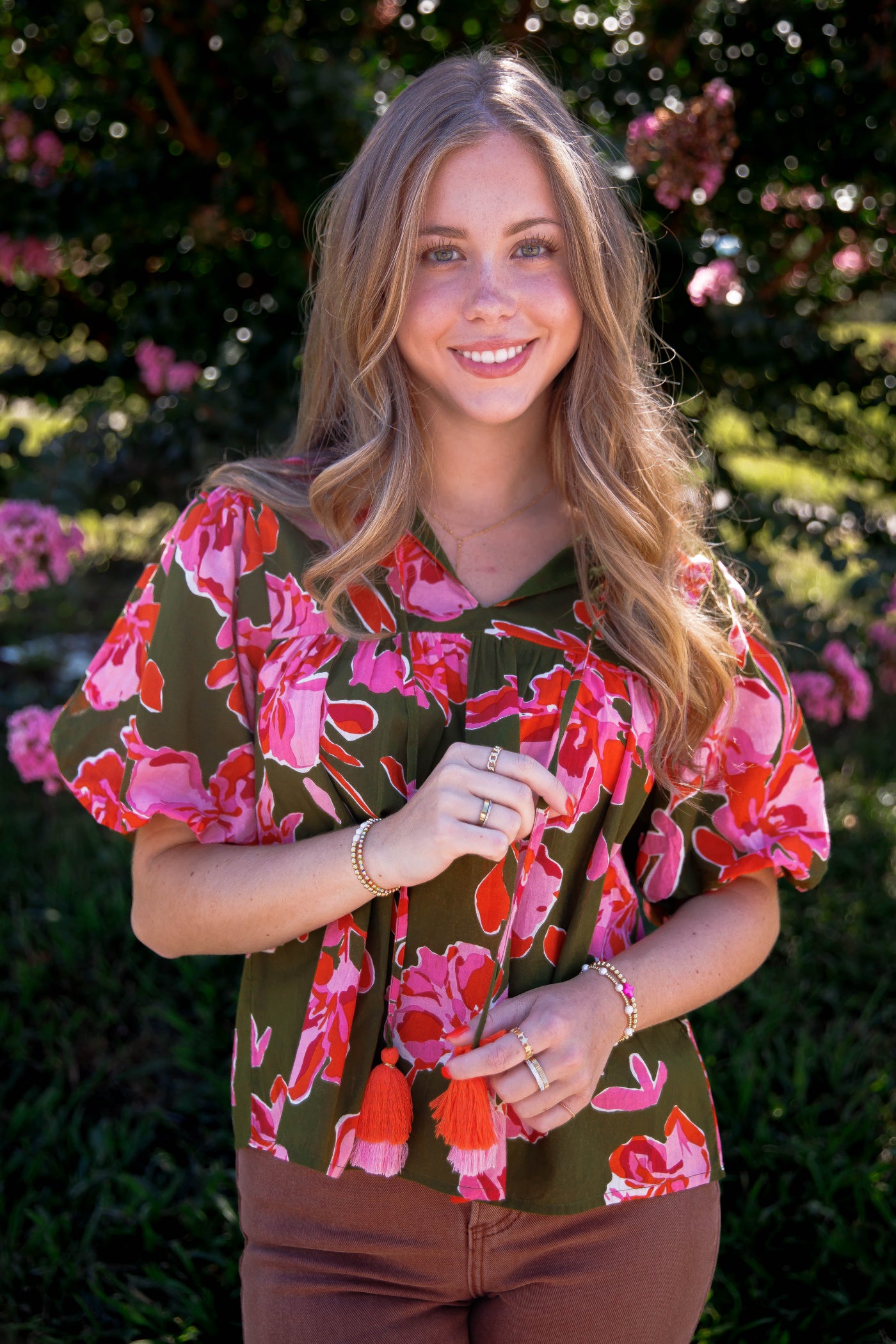 Green and Pink Floral Blouse- Women's Cotton Tops- THML Tops