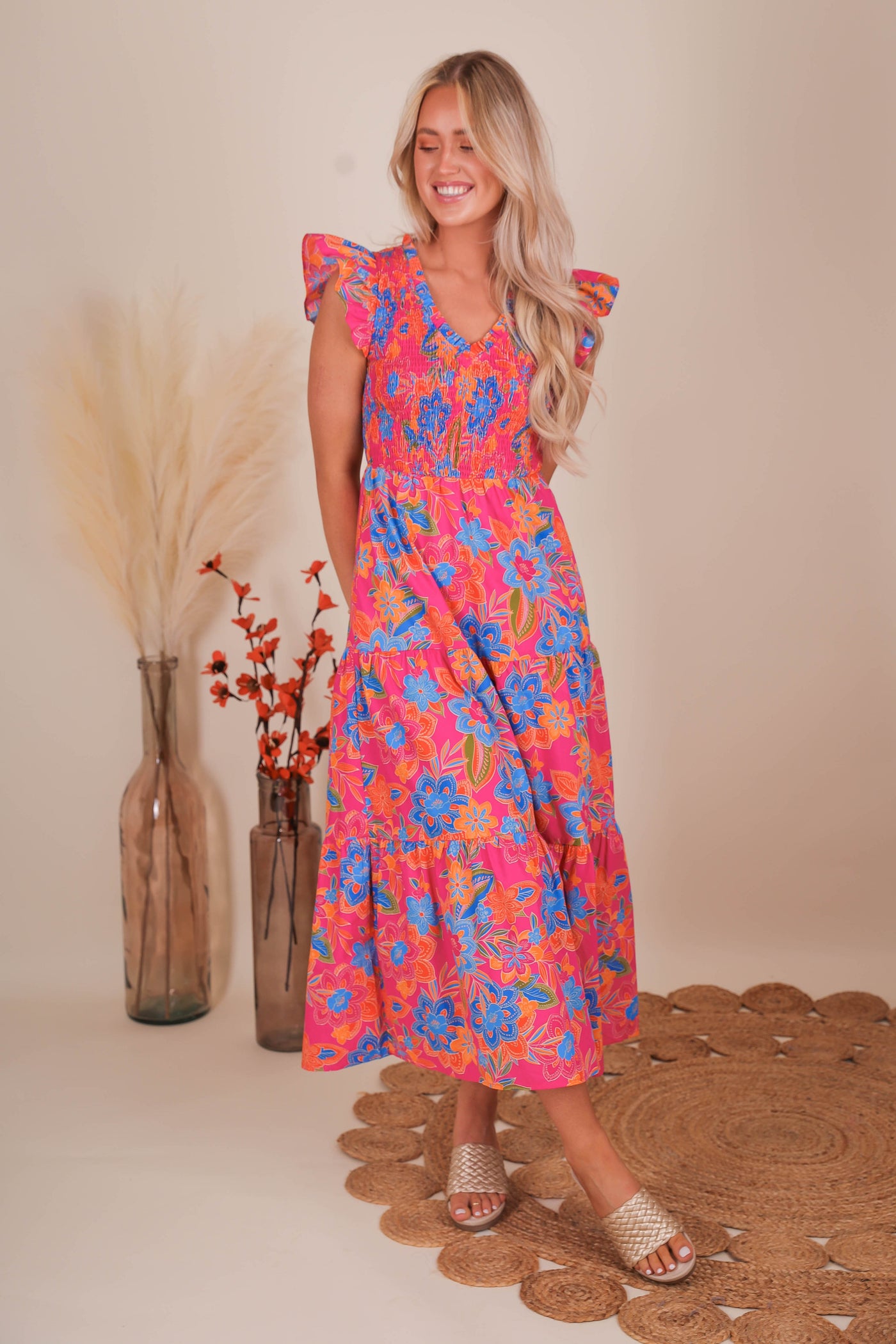 Women's Floral Smocked Midi Dress- Women's Hot Pink Midi Dress- Sugar Lips Midi Dress