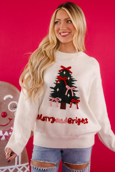 Merry and Bright Christmas Sweater- Christmas Tree Sweater with Bows- Le Lis Christmas Sweater