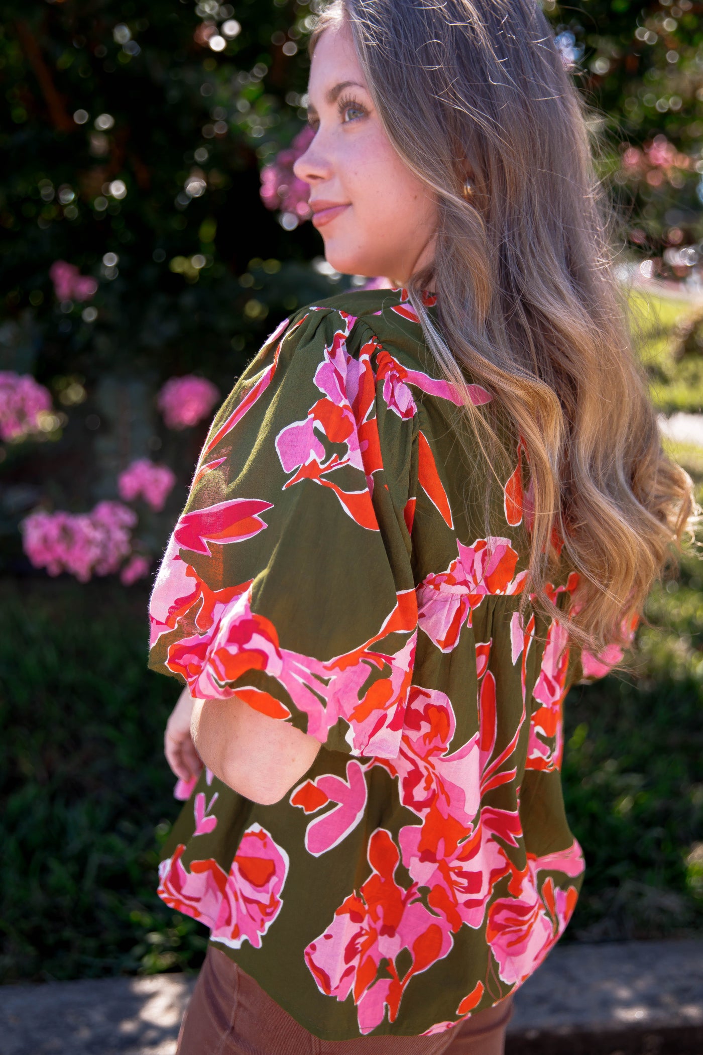 Green and Pink Floral Blouse- Women's Cotton Tops- THML Tops