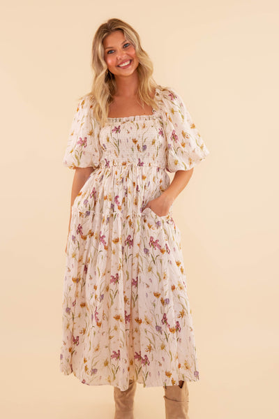 Floral Smocked Midi Dress- Women's Cotton Midi Dress- Aureum Floral Midi Dress