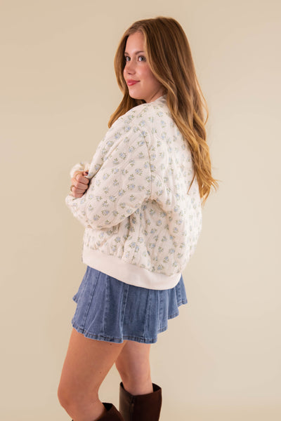 Quilted Floral Bomber Jacket- Preppy Micro Floral Print Quilted Jacket- Main Strip Quilted Jacket