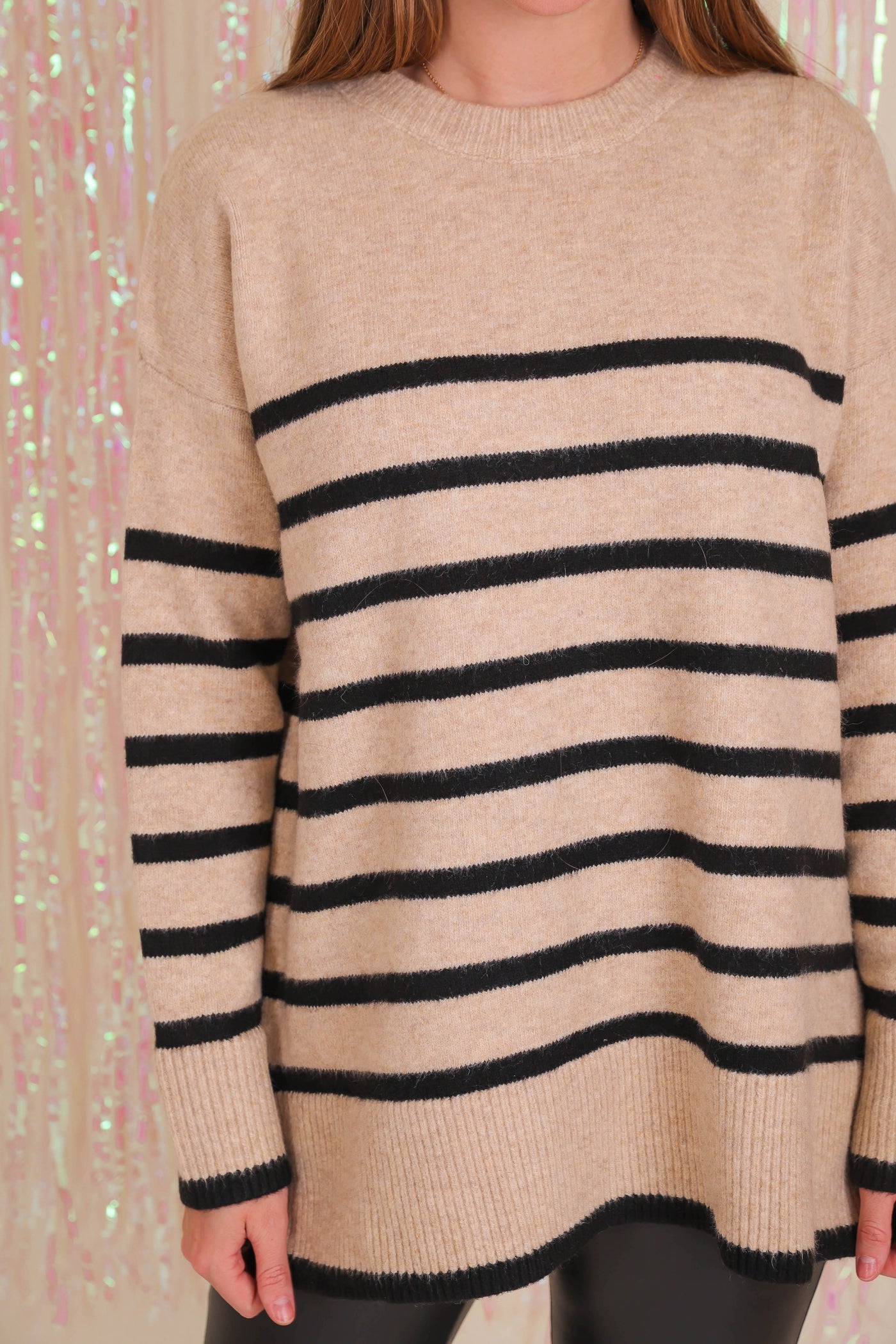 Women's Striped Oversized Sweater- Black and Taupe Stripe Sweater- Women's Preppy Stripe Sweater