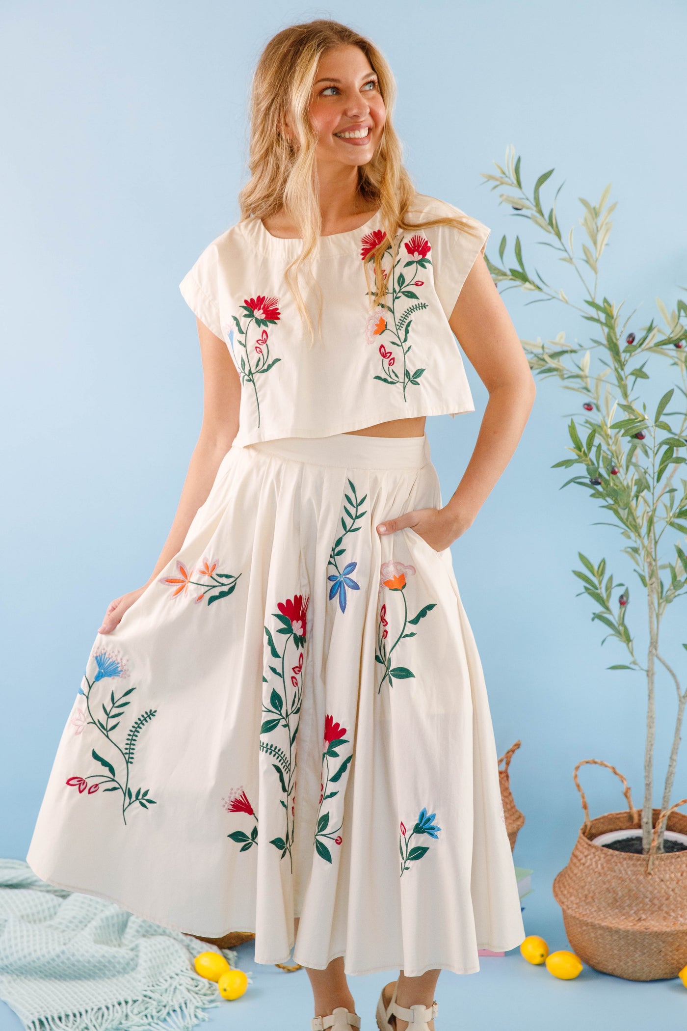 Midi Flare Skirt- Two Piece Embroidered Set- Mable Floral Set