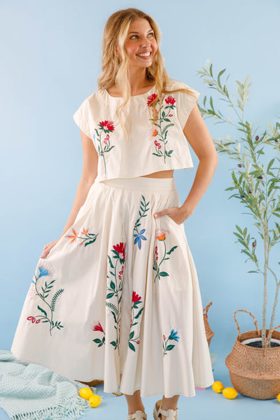 Midi Flare Skirt- Two Piece Embroidered Set- Mable Floral Set