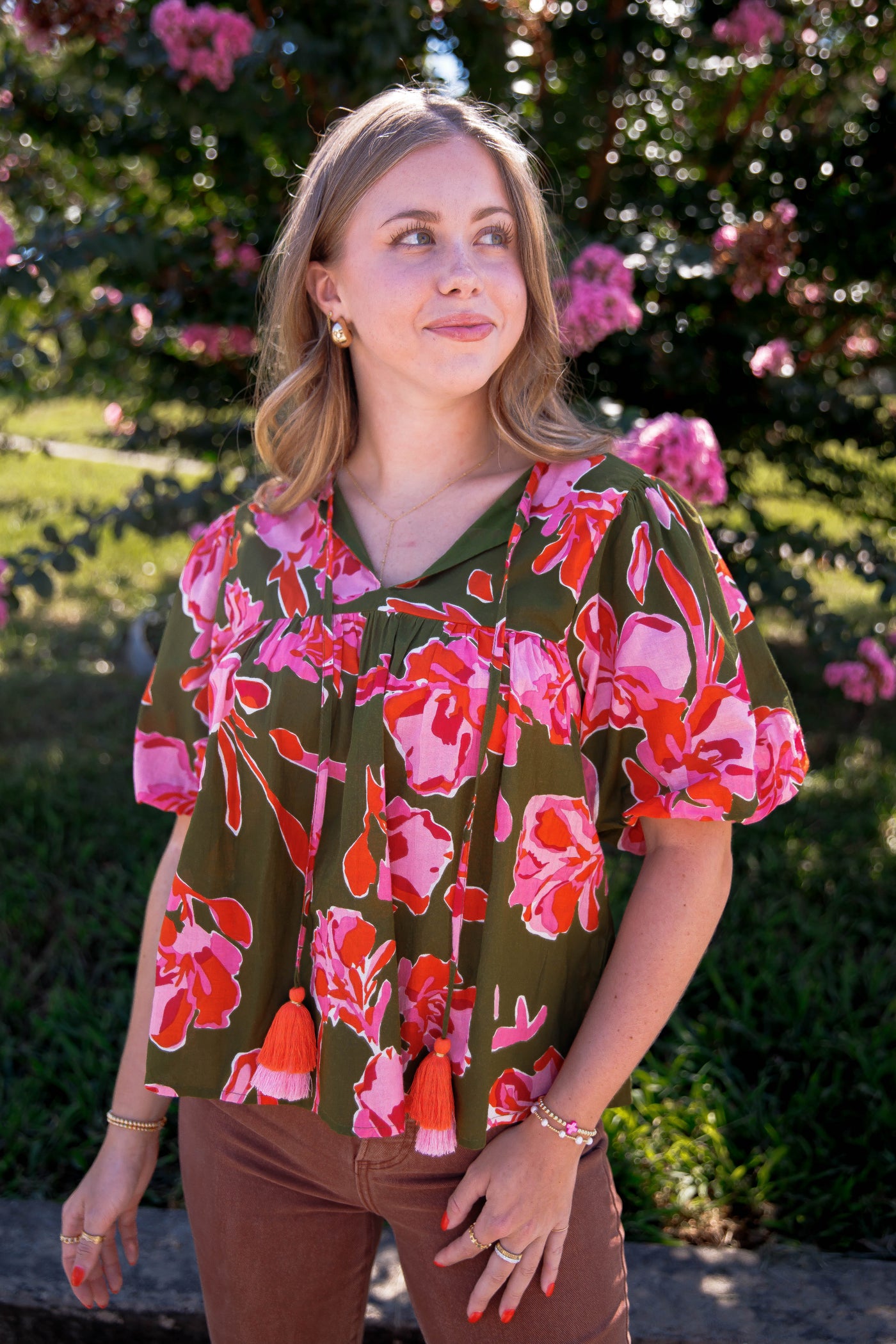 Green and Pink Floral Blouse- Women's Cotton Tops- THML Tops