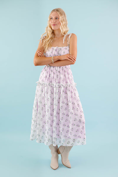 Lavender Floral Midi Dress- Dainty Flower Print Dress- Storia Midi Dress