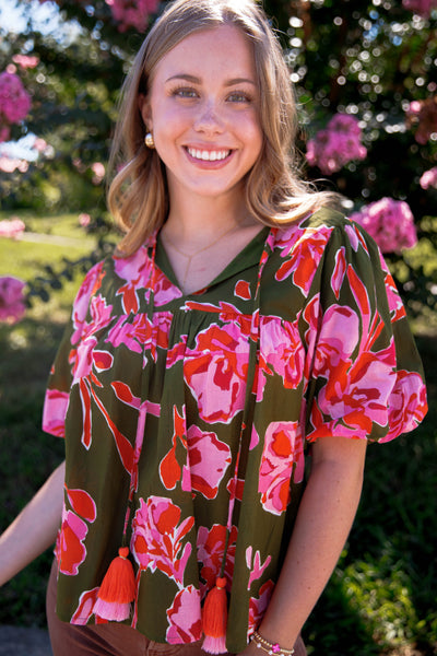 Green and Pink Floral Blouse- Women's Cotton Tops- THML Tops