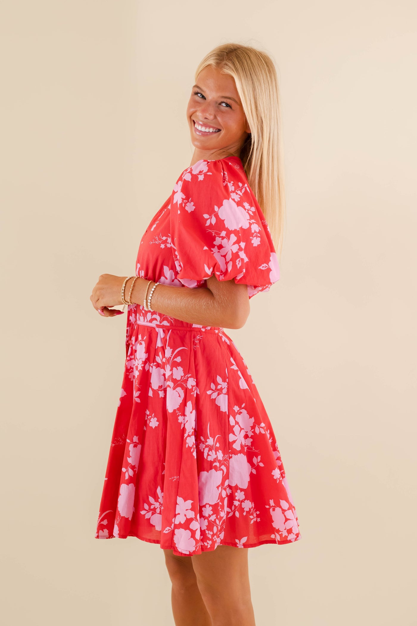 Red and Pink Mini Dress- Women's Preppy Puff Sleeve Dress- Fate Dresses