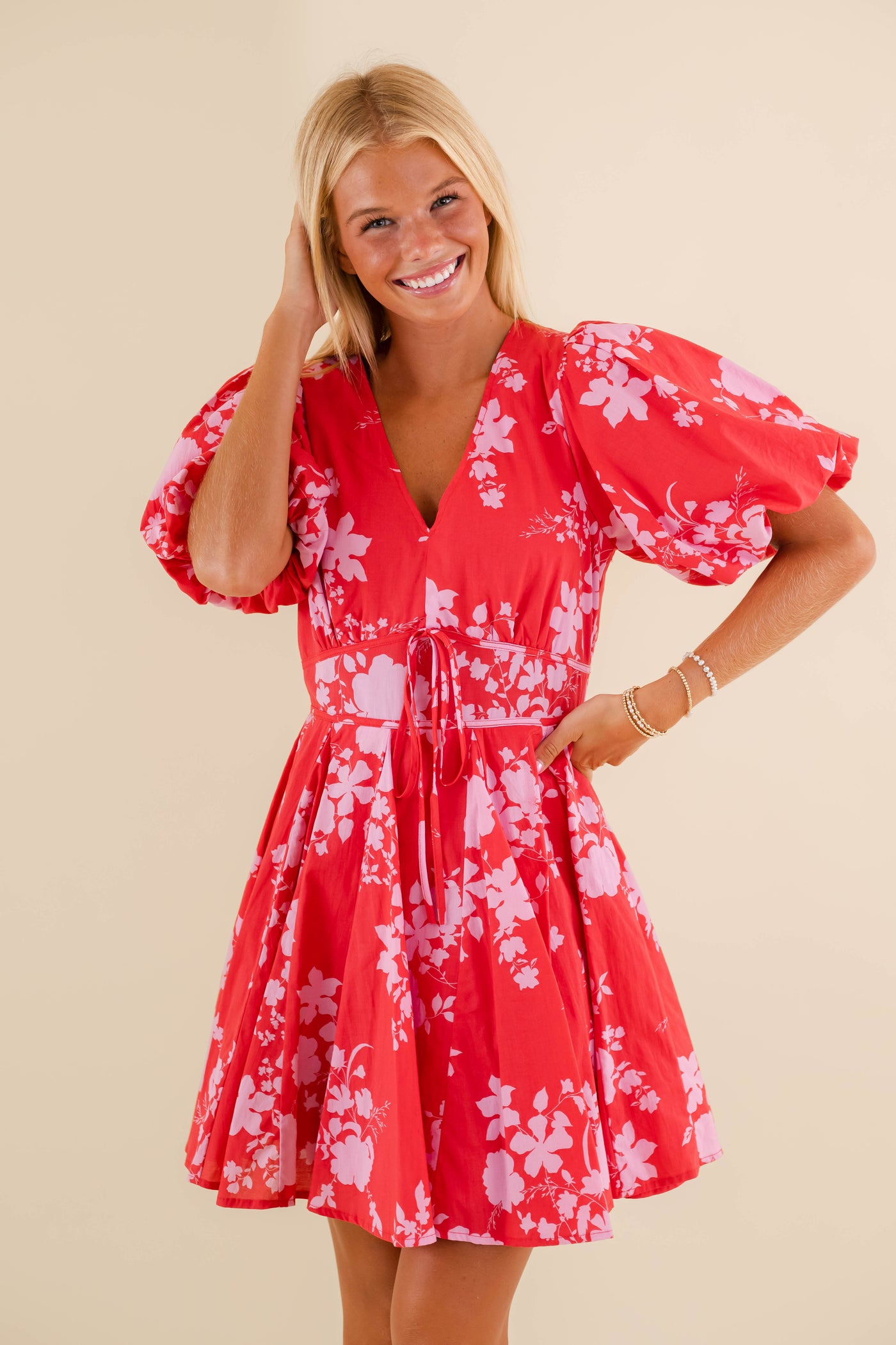 Red and Pink Mini Dress- Women's Preppy Puff Sleeve Dress- Fate Dresses