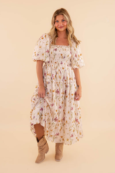 Floral Smocked Midi Dress- Women's Cotton Midi Dress- Aureum Floral Midi Dress