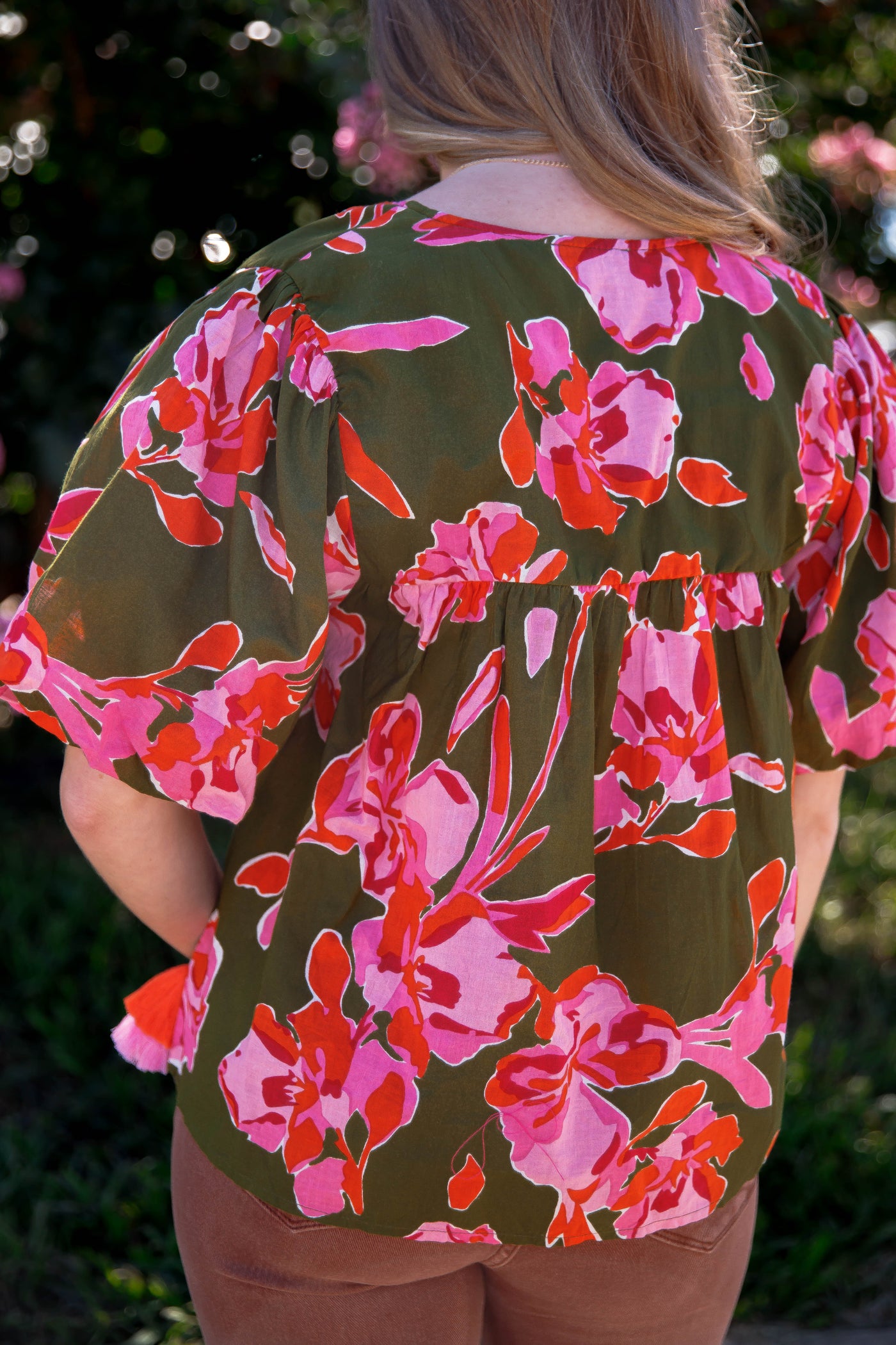 Green and Pink Floral Blouse- Women's Cotton Tops- THML Tops