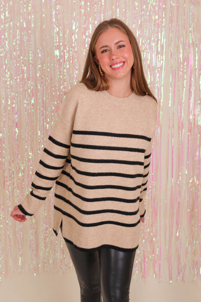 Women's Striped Oversized Sweater- Black and Taupe Stripe Sweater- Women's Preppy Stripe Sweater