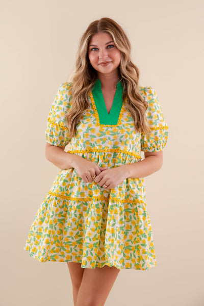 Yellow Floral Print Dress- Women's Yellow Cotton Dress- Entro Women's Dresses