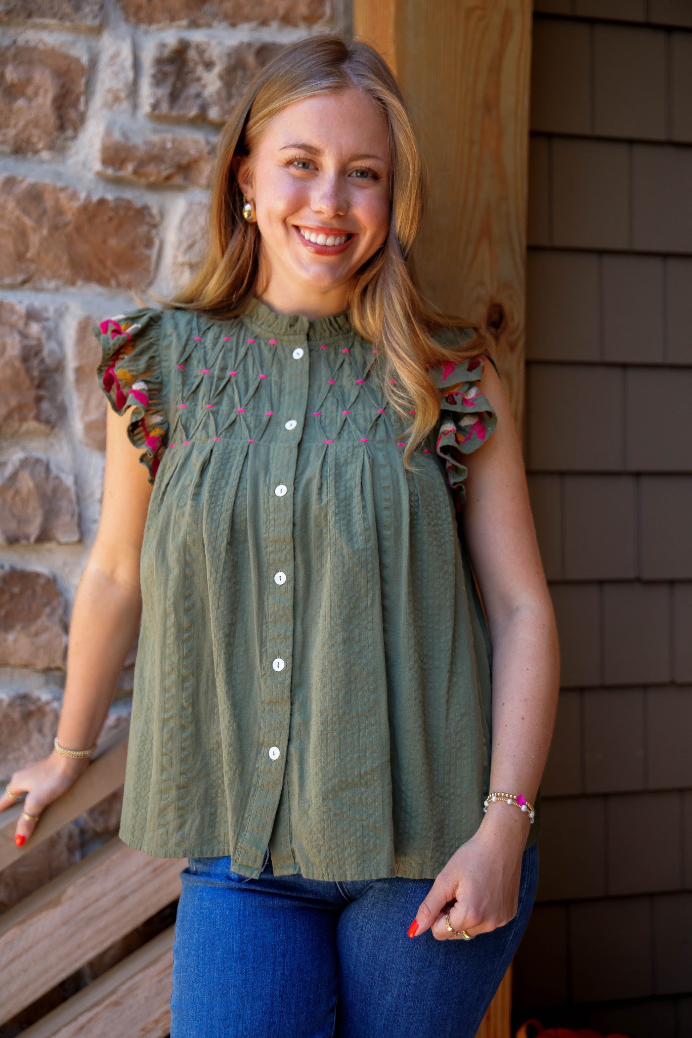 THML Olive Button Down Top- THML Fluttered Sleeve Blouse- Women's Designer Fall Blouse