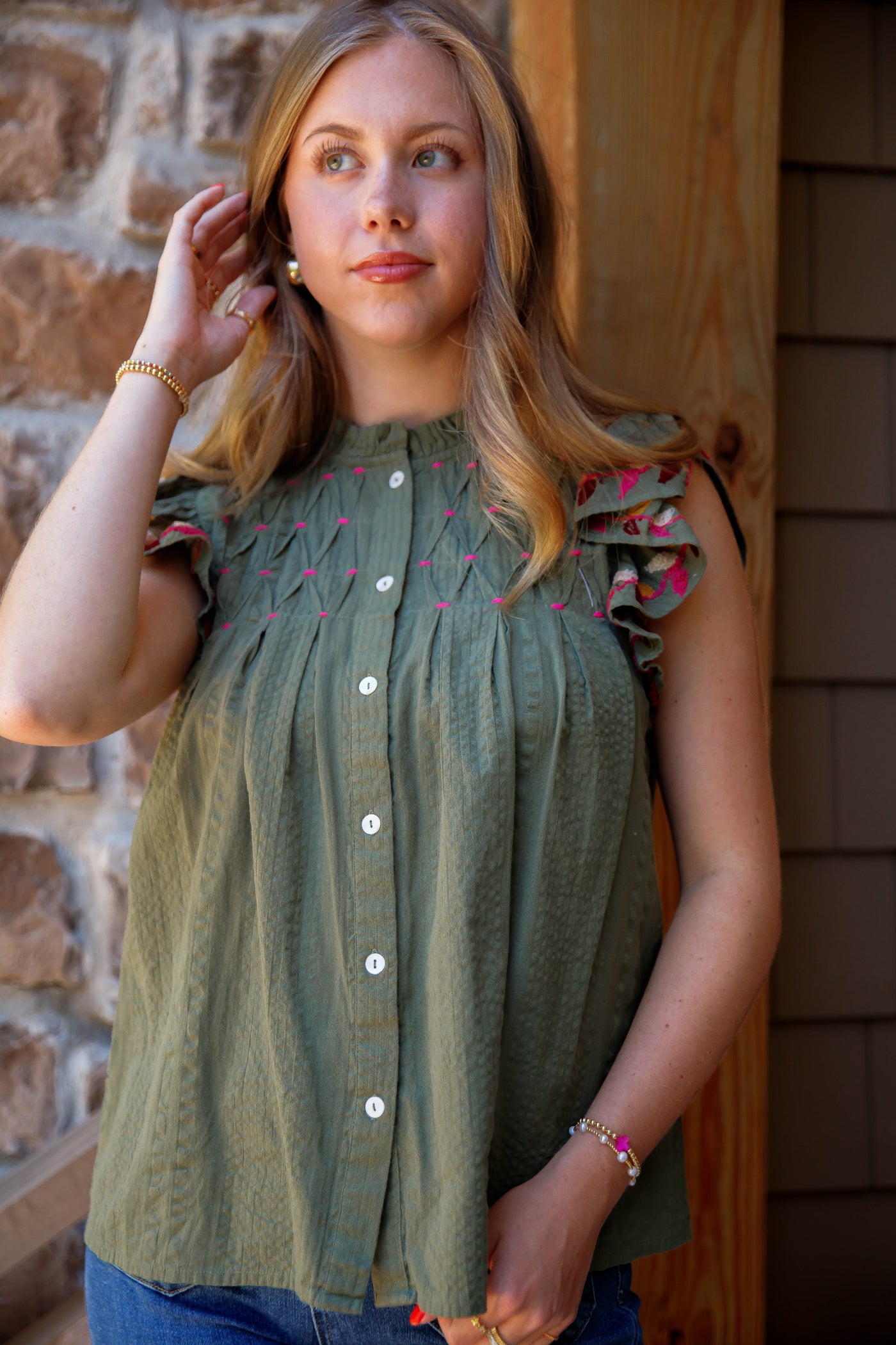 THML Olive Button Down Top- THML Fluttered Sleeve Blouse- Women's Designer Fall Blouse