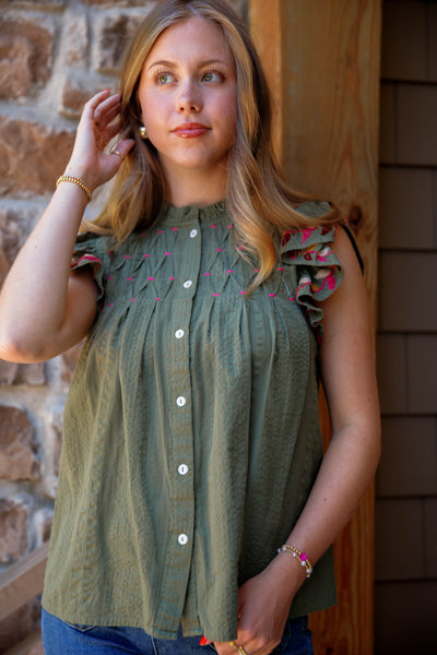 THML Olive Button Down Top- THML Fluttered Sleeve Blouse- Women's Designer Fall Blouse