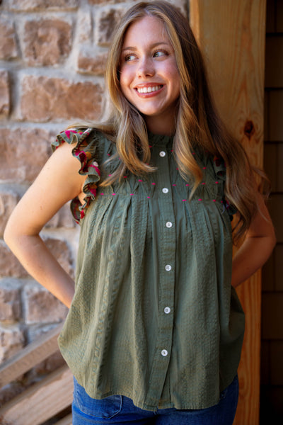 THML Olive Button Down Top- THML Fluttered Sleeve Blouse- Women's Designer Fall Blouse