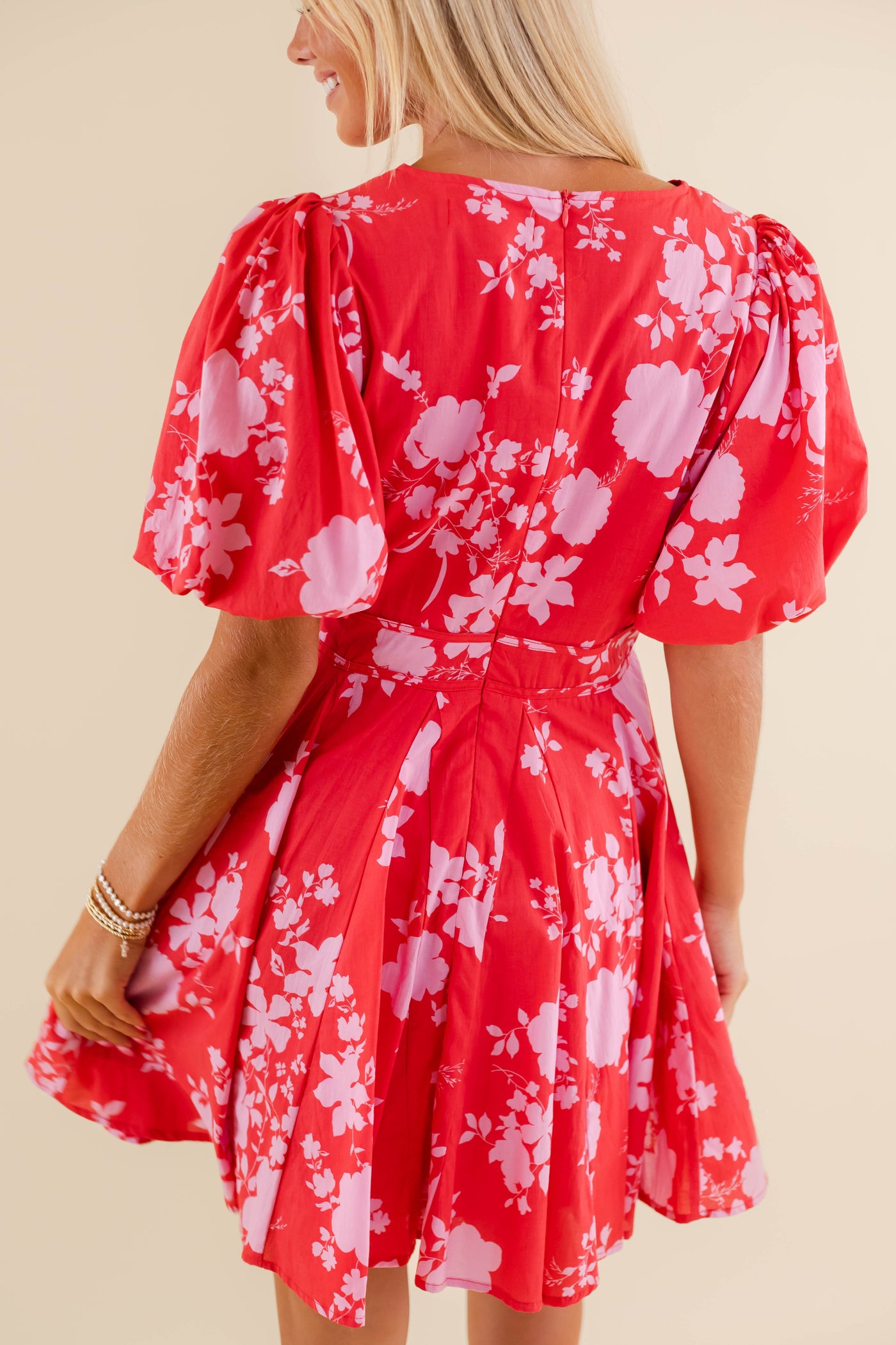 Red and Pink Mini Dress- Women's Preppy Puff Sleeve Dress- Fate Dresses