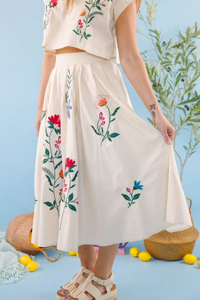 Midi Flare Skirt- Two Piece Embroidered Set- Mable Floral Set