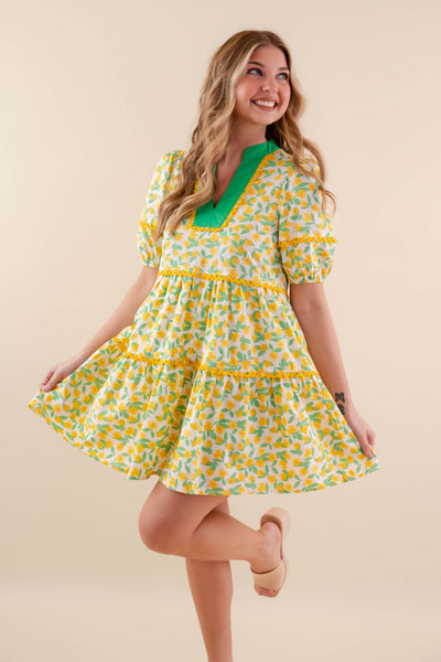 Yellow Floral Print Dress- Women's Yellow Cotton Dress- Entro Women's Dresses