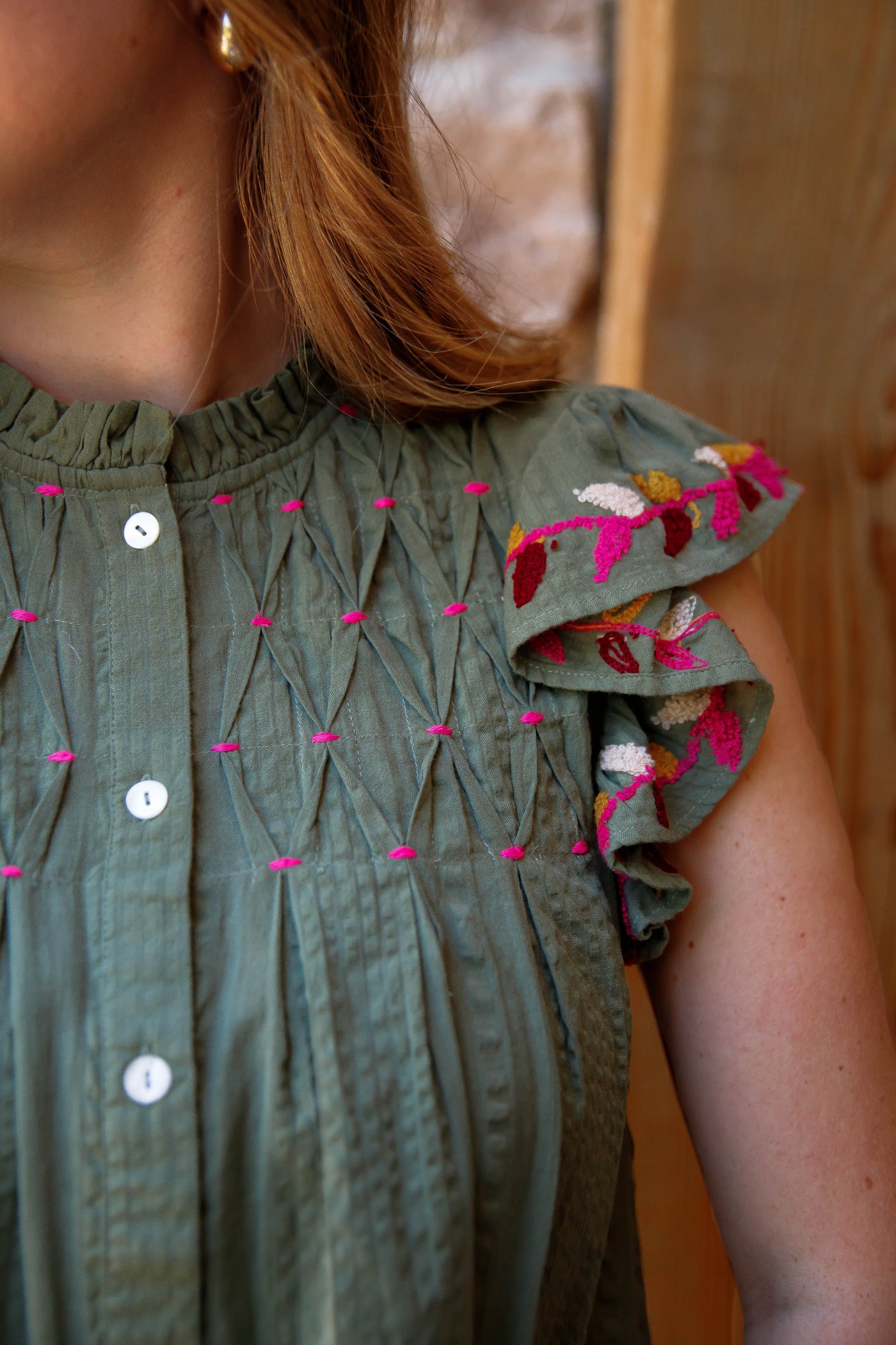 THML Olive Button Down Top- THML Fluttered Sleeve Blouse- Women's Designer Fall Blouse