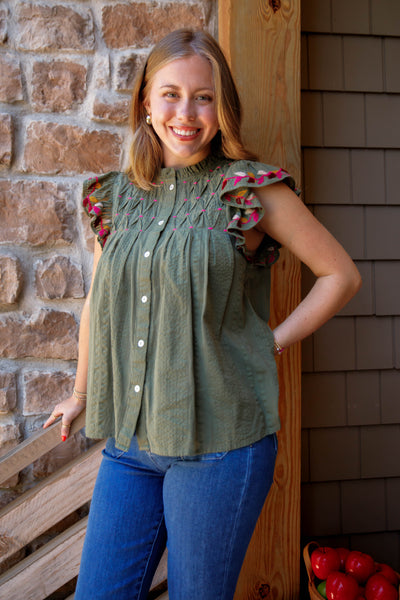 THML Olive Button Down Top- THML Fluttered Sleeve Blouse- Women's Designer Fall Blouse