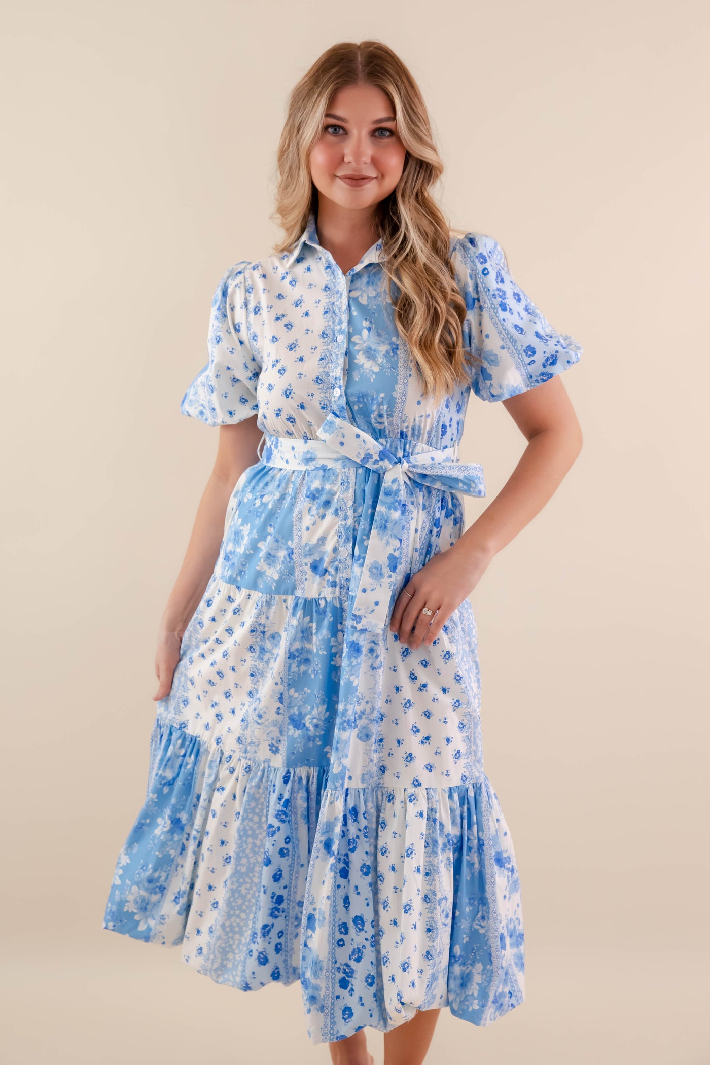 Floral Patchwork Midi Dress- Women's Blue and White Dress- PeachLove Midi Dress