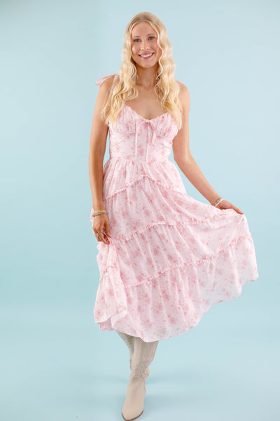 Vintage Floral Print Dress- Women's Pink Ruffle Dress- LoveShack Dresses