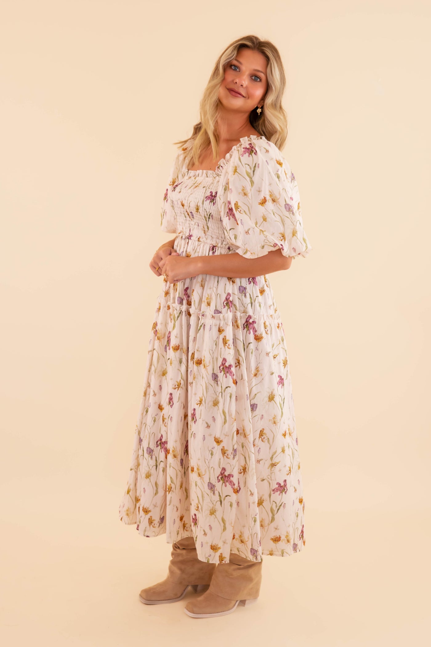 Floral Smocked Midi Dress- Women's Cotton Midi Dress- Aureum Floral Midi Dress