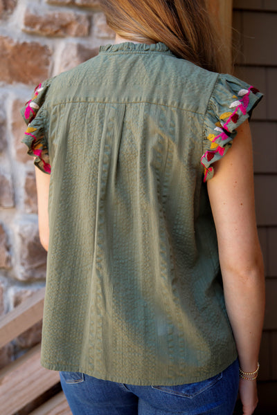 THML Olive Button Down Top- THML Fluttered Sleeve Blouse- Women's Designer Fall Blouse
