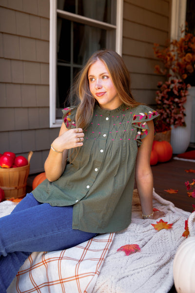 THML Olive Button Down Top- THML Fluttered Sleeve Blouse- Women's Designer Fall Blouse