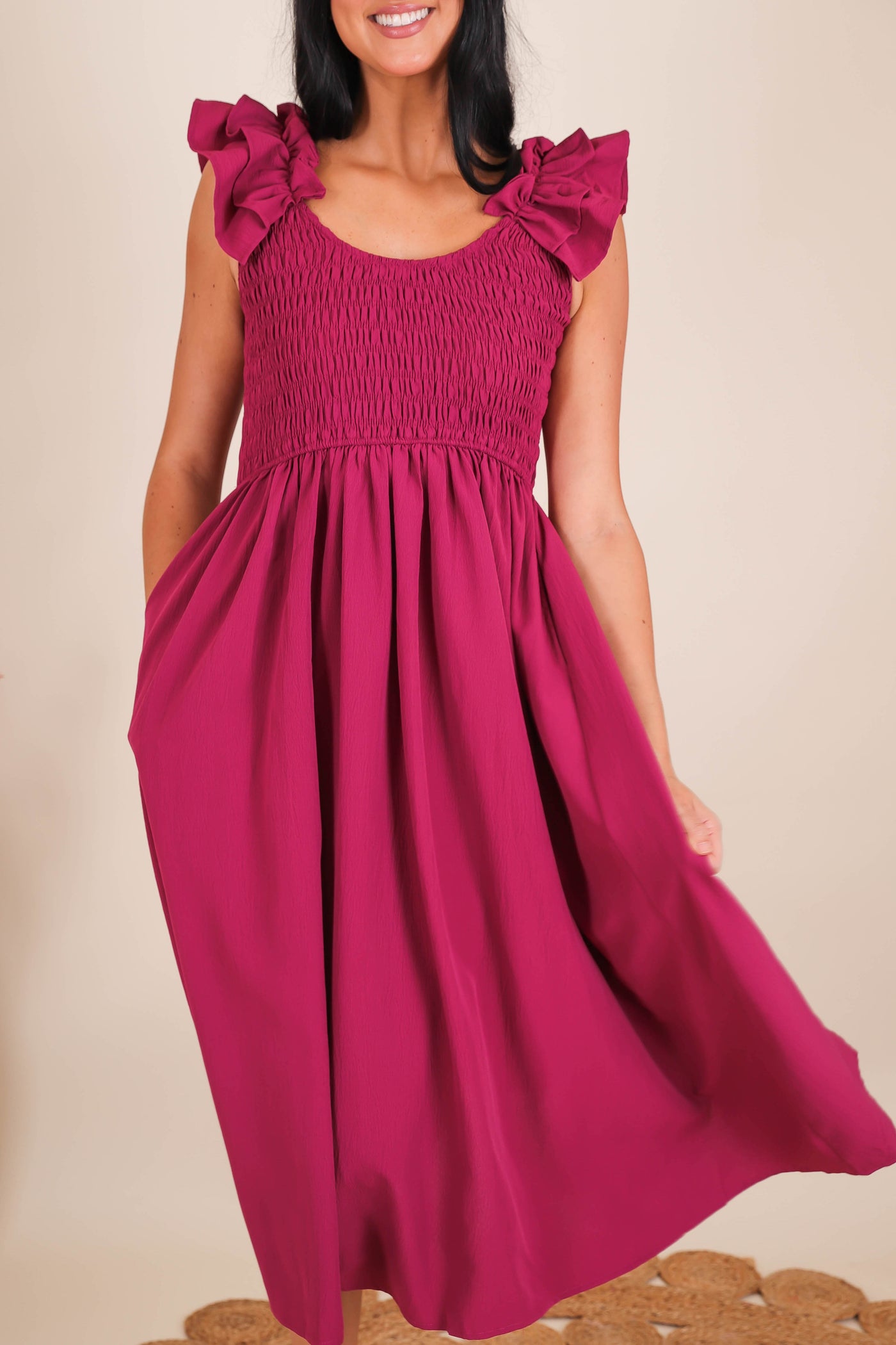 Ruffle Shoulder Smocked Dress- Women's Conservative Dresses- Entro Midi Dresses