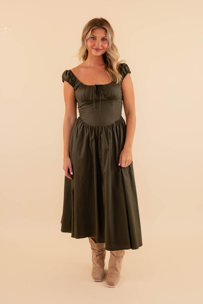 Women's Olive Midi Dress- Fitted Olive Midi Dress- Creamon Olive Dress