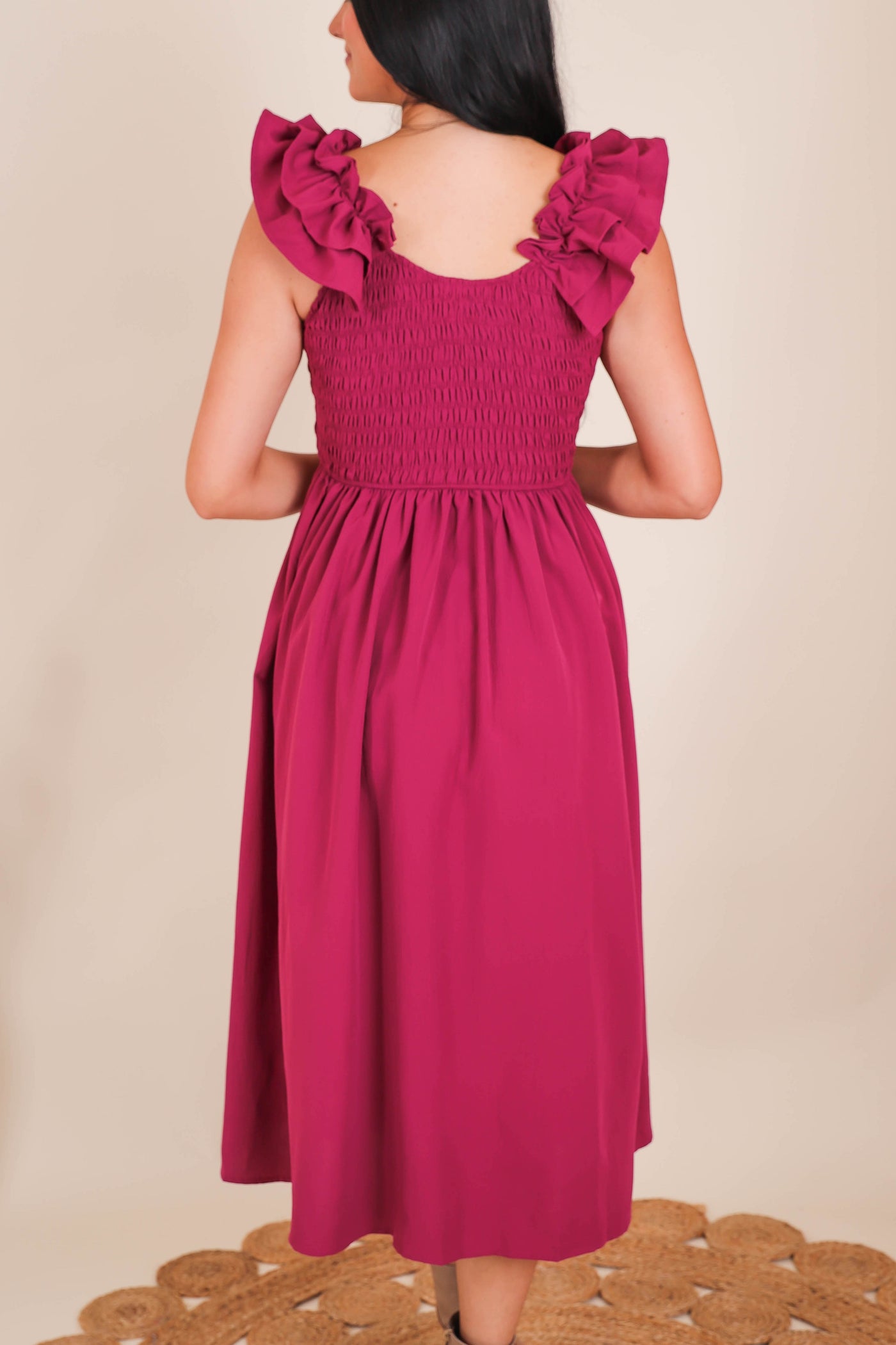 Ruffle Shoulder Smocked Dress- Women's Conservative Dresses- Entro Midi Dresses