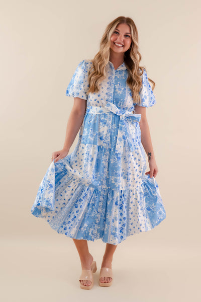 Floral Patchwork Midi Dress- Women's Blue and White Dress- PeachLove Midi Dress