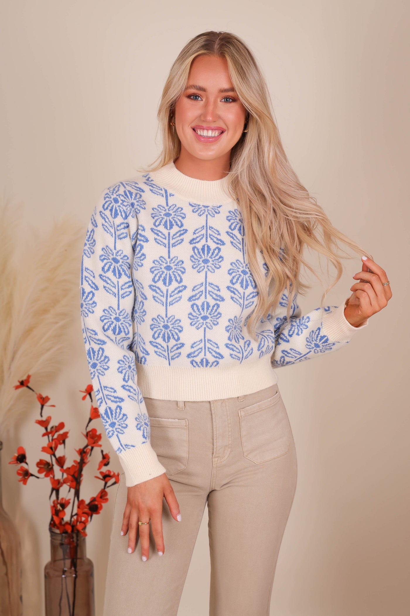 Women's Blue Flower Sweater- Women's Preppy Sweaters- &Merci Sweaters