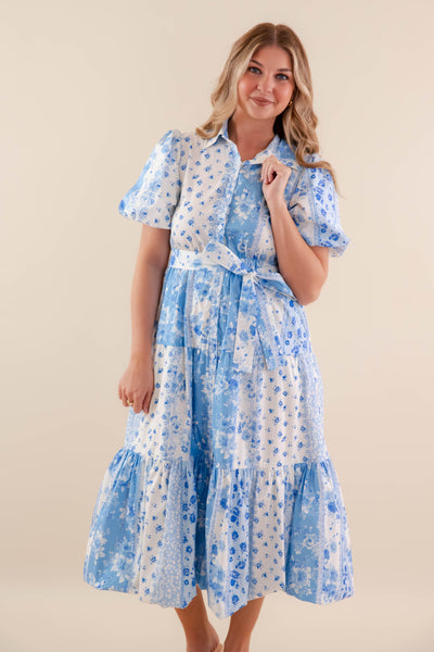 Floral Patchwork Midi Dress- Women's Blue and White Dress- PeachLove Midi Dress