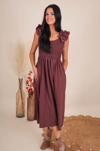 Ruffle Shoulder Smocked Dress- Women's Conservative Dresses- Entro Midi Dresses